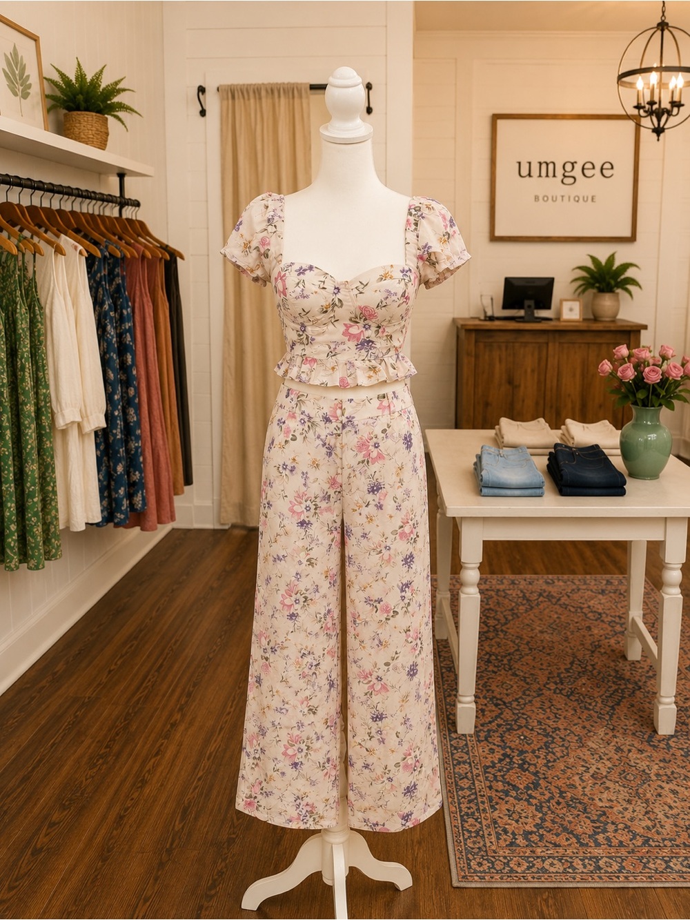 White Birch Floral 2 Piece Set Small/Medium Off Shoulder Wide Leg Pants